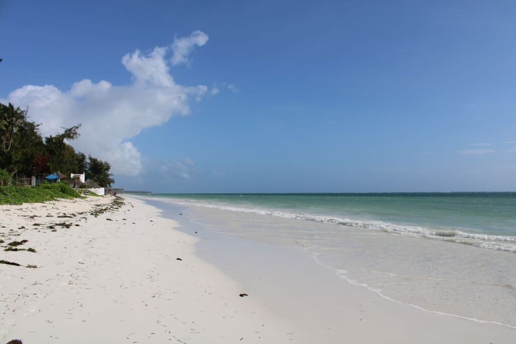 Idyllic white sand beach and azure ocean under clear skies in Zanzibar, Tanzania.